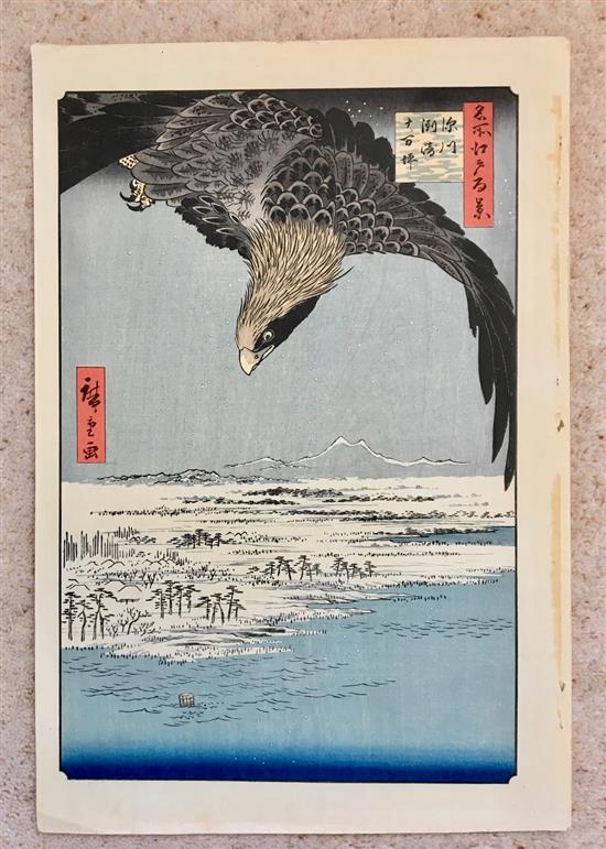 Japanese School, 4 woodblock prints, Studies of birds and a fish, largest 38 x 26cm, unframed, Ex Joe Hloucha collection